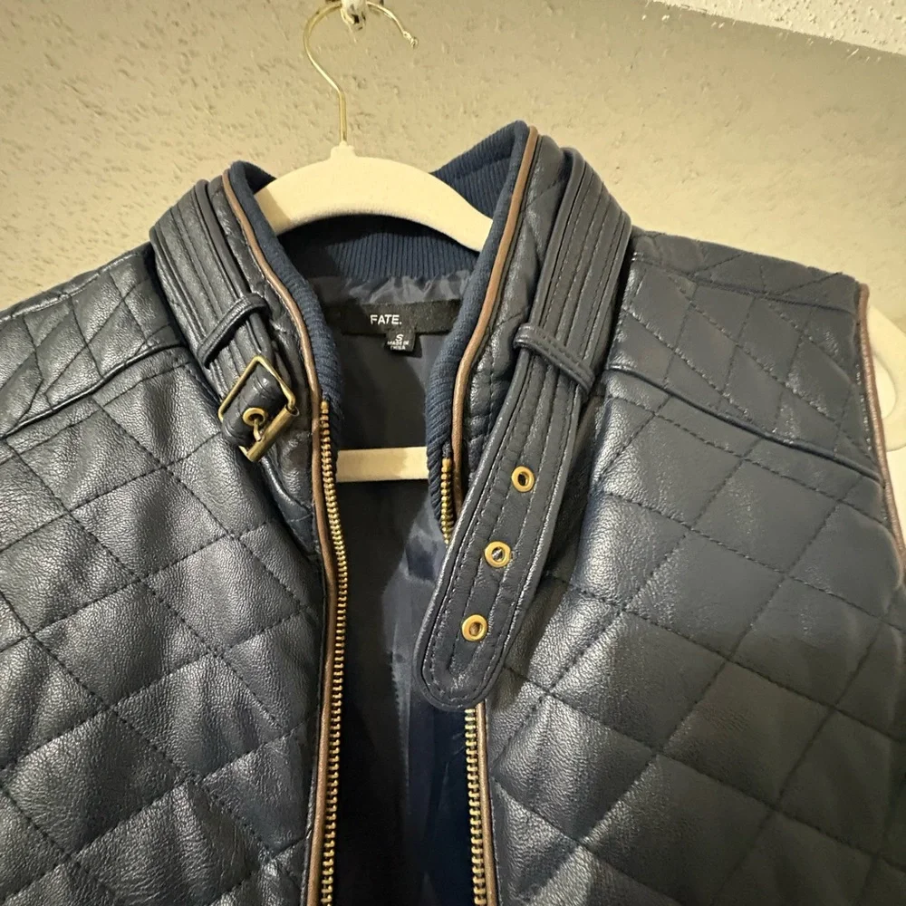 Fate Navy and Brown leather Quilted Vest - Picture 5 of 12